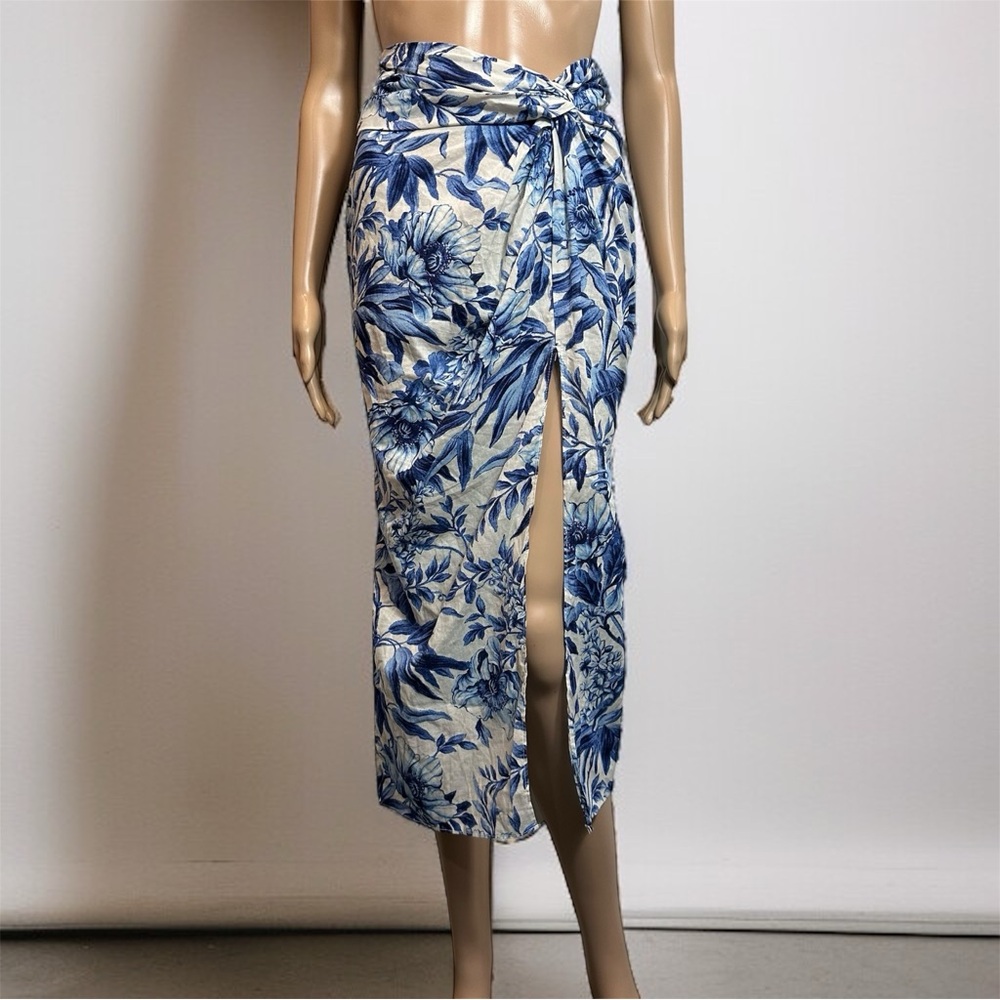 H&M Blue Floral Linen Cotton Blend Faux Wrap Midi Skirt